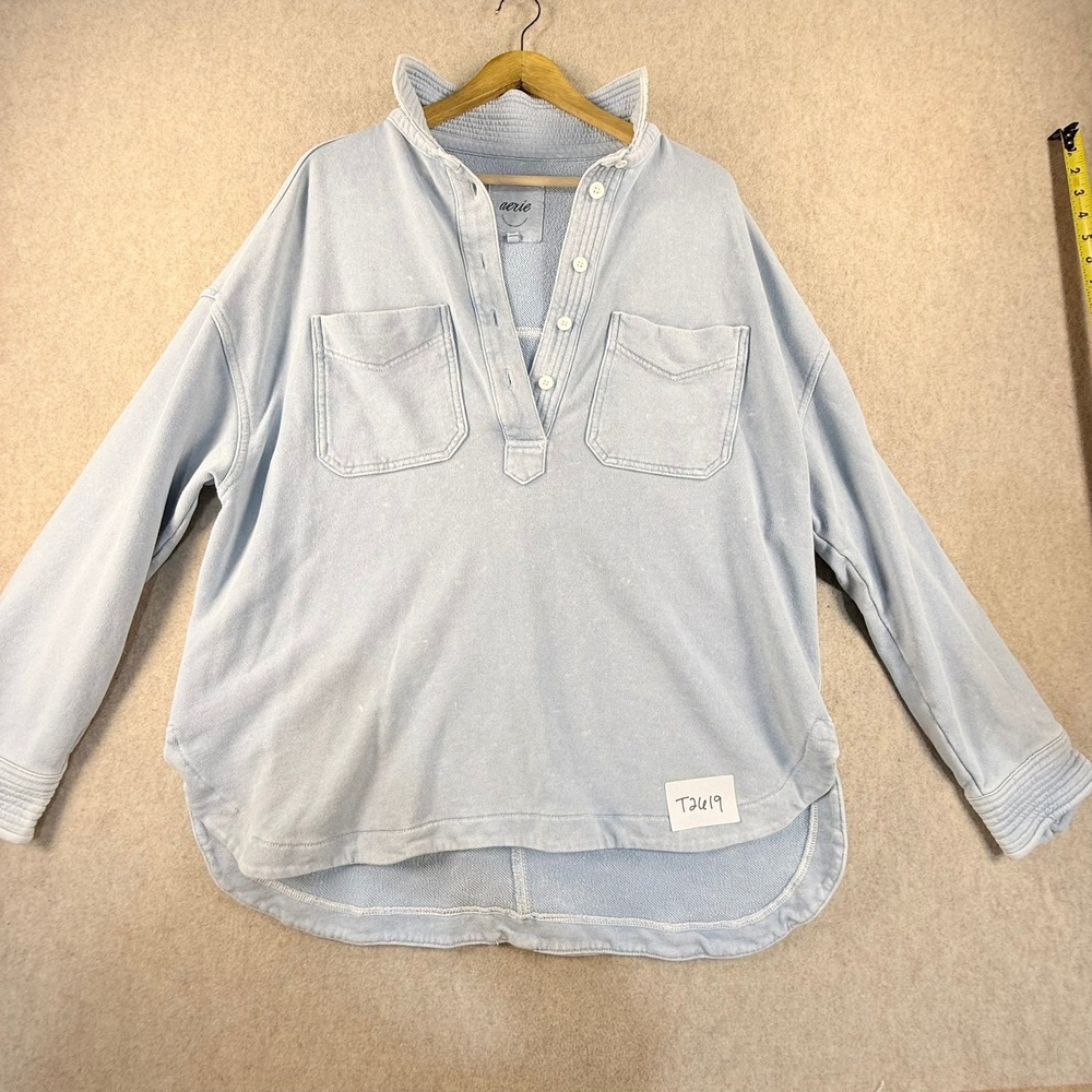 Aerie Light Blue Acid Wash Henley Sweatshirt Oversized French Terry Medium